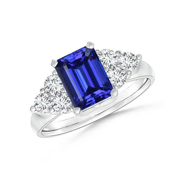 4 Karat Smaragdschliff Ceylonblauer Saphir und runder Diamant Ehering