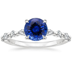 4 Karat Verlobungsring Rund Ceylon Saphir & Aus der Erde Abgebauter Natürlicher Diamant Marquise Gold