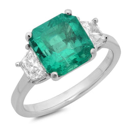 4,25 Karat Grüner Smaragd Aus der Erde Abgebauter Natürlicher Diamant Drei Stein Ring Weißgold 18K Neu