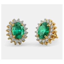 4,80 ct grüner Smaragd mit Aus der Erde Abgebauter Natürlicher Diamant-Ohrstecker 14 Karat Gelbgold