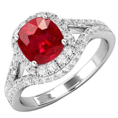 4.35 Karat Halo Rubin und Aus der Erde Abgebauter Natürlicher Diamanten Ring Split Shank Weißgold 14K
