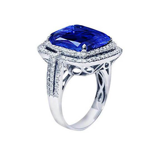 4.50 ct Kissen Ceylon blauer Saphir und runder Aus der Erde Abgebauter Natürlicher Diamant-Verlobungsring