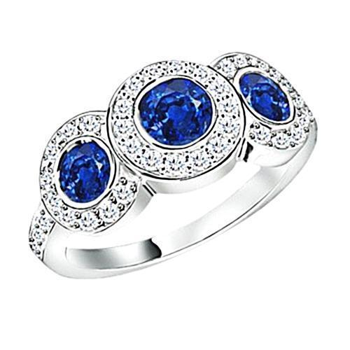 4.51 Karat Ceylon Saphir Aus der Erde Abgebauter Natürlicher Diamanten Weißgold 3 Steine Stil Ring
