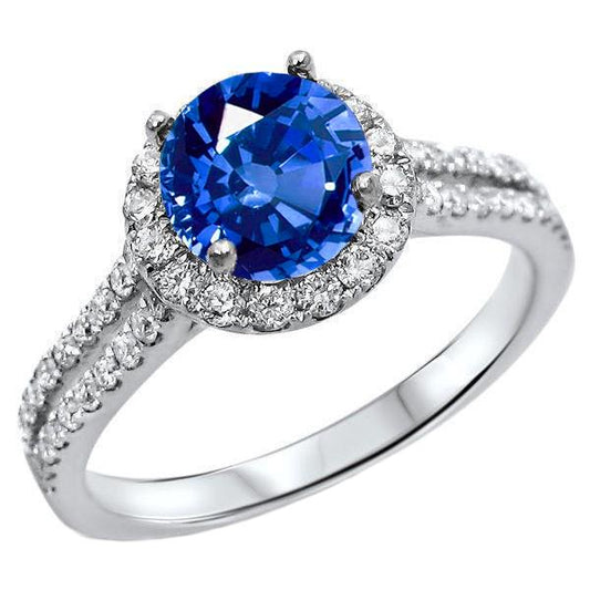 5 Kt. runder Ceylon Saphir mit Aus der Erde Abgebauter Natürlicher Diamanten Ring Weißgold 14K