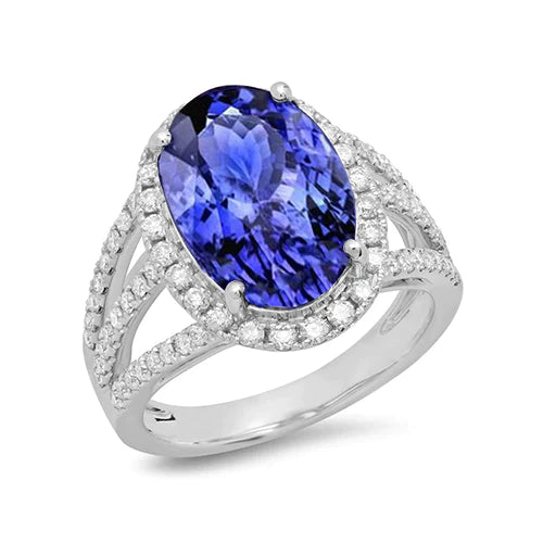 5,80 Karat Ovaler Tansanit & runder Aus der Erde Abgebauter Natürlicher Diamant Fancy Ring Weißgold 14K