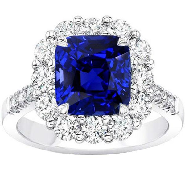 5.50 Karat Halo Kissen Tiefblauer Saphirring & Diamantschmuck - harrychadent.de