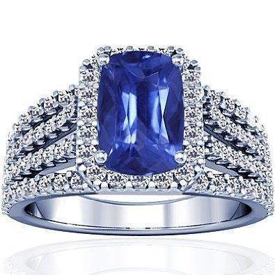 5.50 Karat Kissen & runder Ceylon Saphir mit Aus der Erde Abgebauter Natürlicher Diamanten Ring WG 14K