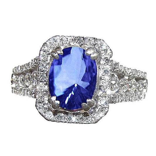 5.71 ct. Ovaler srilankischer Saphir & runde Aus der Erde Abgebauter Natürlicher Diamanten 14K Weißgold Ring