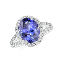 6 Kt Halo Tansanit mit Aus der Erde Abgebauter Natürlicher Diamanten Ring Weißgold 14K
