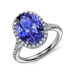 6,85 ct Tansanit mit Halo Aus der Erde Abgebauter Natürlicher Diamanten Ring Weißgold 14K