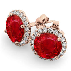 7.50 ct runder roter Rubin- und Halo-Aus der Erde Abgebauter Natürlicher Diamant-Ohrstecker in Roségold