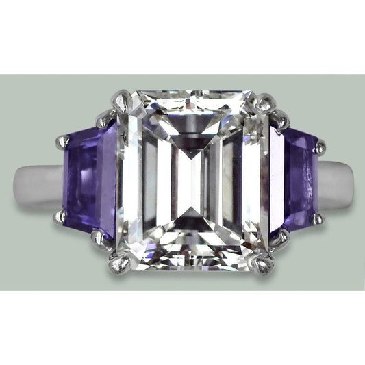 8 Kt. Smaragd Diamant & Trapezoid Ceylon Saphir 3 Steine Ring Gold