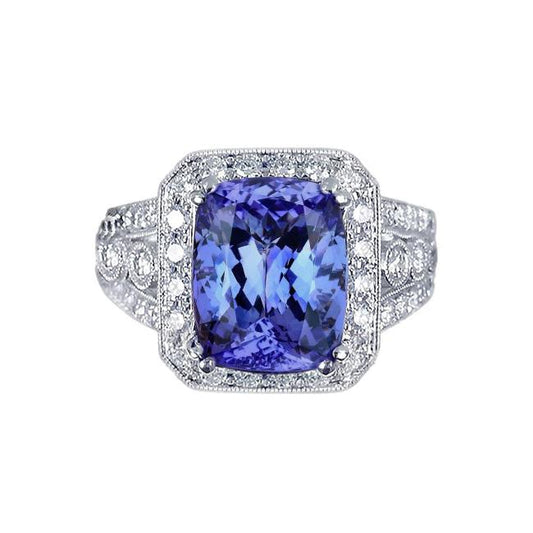 9,50 Karat Kissen Tansanit und runde Aus der Erde Abgebauter Natürlicher Diamanten Ring im Vintage-Stil