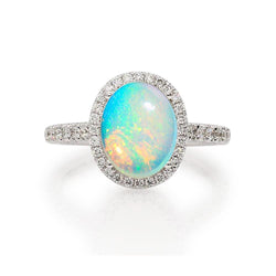 9.40 Kt Großer Opal Und Aus der Erde Abgebauter Natürlicher Diamanten Jubiläumsring Weißgold 14K