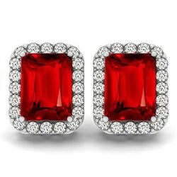 9.50 Karat Smaragd Rubin & Aus der Erde Abgebauter Natürlicher Diamant Halo Ohrstecker 14K Gold