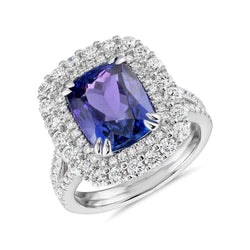 9.50 ct Kissen Tansanit und Aus der Erde Abgebauter Natürlicher Diamantring Weißgold 14K