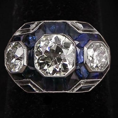 Altschliff-Diamantring mit 3 Steinen und blauem Saphir 6 Karat - harrychadent.de
