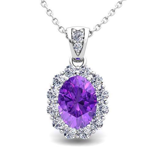 Amethyst Edelstein-Aus der Erde Abgebauter Natürlicher Diamant-Anhänger-Halskette 10.75 ct. WG 14K