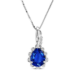 Anhänger Halskette Ceylon Blauer Saphir Aus der Erde Abgebauter Natürlicher Diamanten 2.10 Kt Weißgold 14K