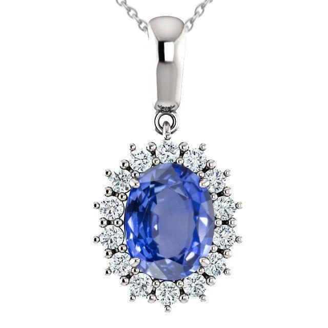 Anhänger Halskette Ceylon Blauer Saphir Mit Diamanten 3.90 Karat WG 14K