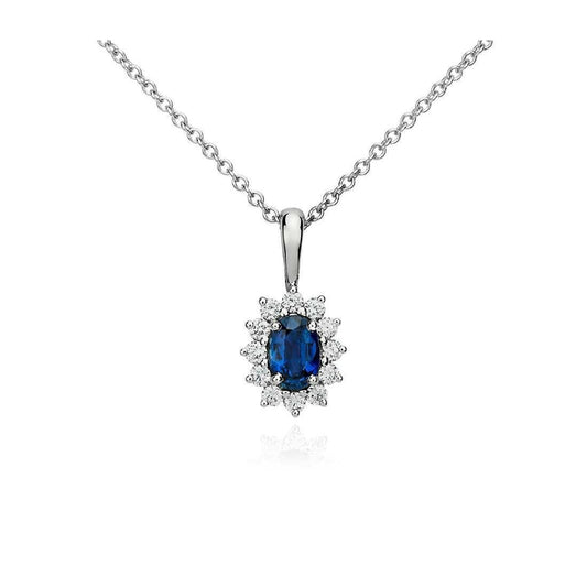 Anhänger Halskette Ceylon Saphir mit Aus der Erde Abgebauter Natürlicher Diamanten 3.20 ct Weißgold 14K