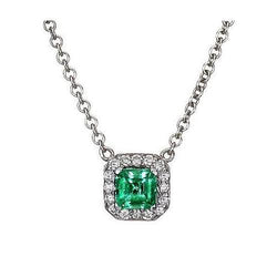 Anhänger Halskette Weißgold 14K 9 Kt Grüner Smaragd Mit Aus der Erde Abgebauter Natürlicher Diamanten