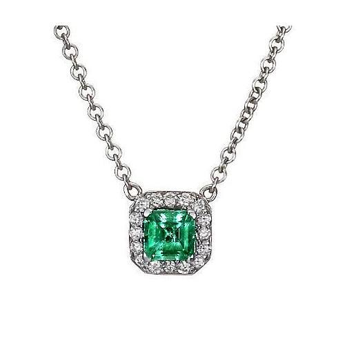 Anhänger Halskette Weißgold 14K 9 Kt Grüner Smaragd Mit Aus der Erde Abgebauter Natürlicher Diamanten