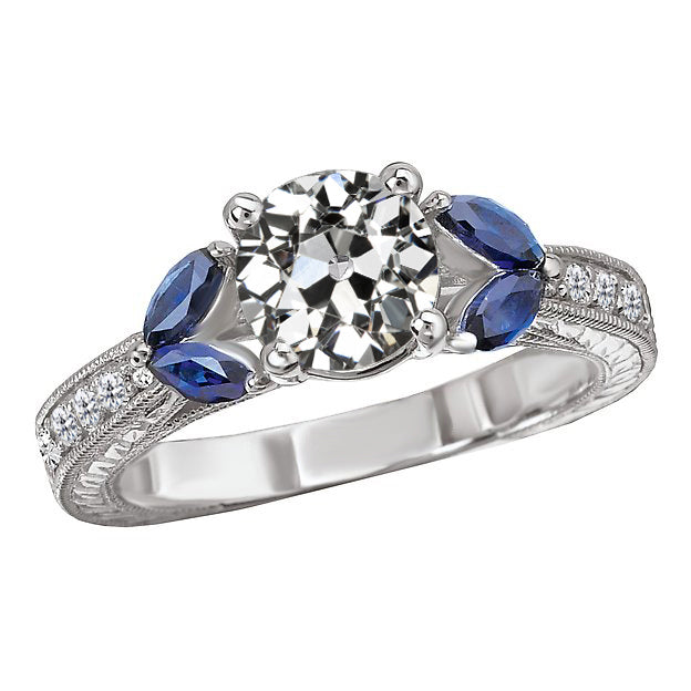 Antik-Stil Altschliff Diamant & Marquise Saphire Ring 5,50 Karat