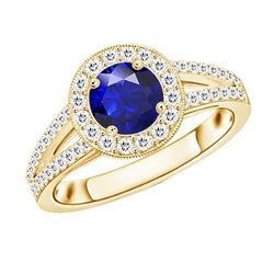 Antiker Aus der Erde Abgebauter Natürlicher Diamant Halo Ring 3 Karat runder blauer Saphir Schmuck