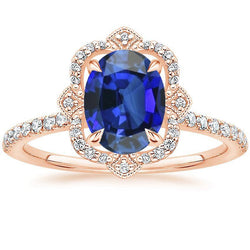 Antiker Halo-Aus der Erde Abgebauter Natürlicher Diamant-Ring Blumen-Stil Blauer Saphir 6.20 Karat