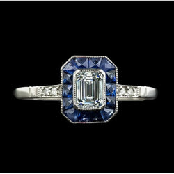 Art Deco Schmuck Neu Halo Ring Smaragd-Diamant & Trapez-Saphire