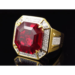 Asscher Roter Herren Rubin Ring Mit Aus der Erde Abgebauter Natürlicher Diamant 11 Karat Gelb Gold 14K