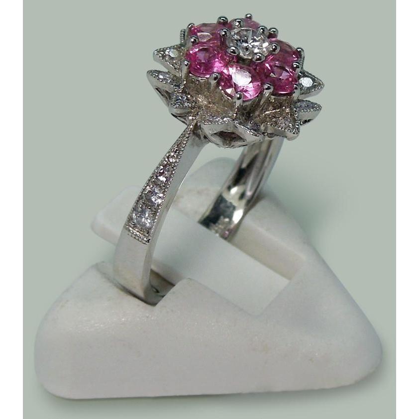 Aus der Erde Abgebauter Natürlicher Diamanten & rosa Saphire 1.15 ct. Ring im Blumenstil Weißgold 14K