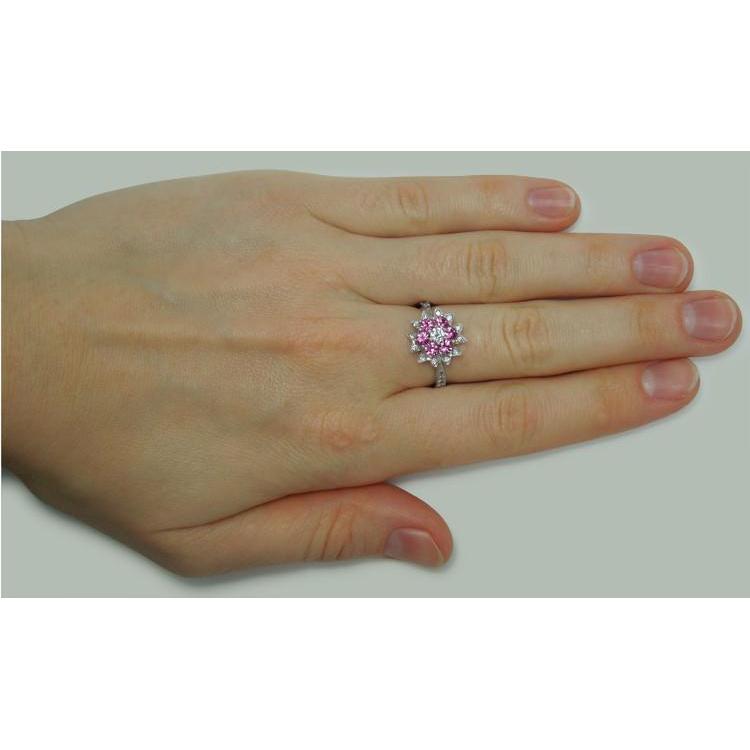 Aus der Erde Abgebauter Natürlicher Diamanten & rosa Saphire 1.15 ct. Ring im Blumenstil Weißgold 14K