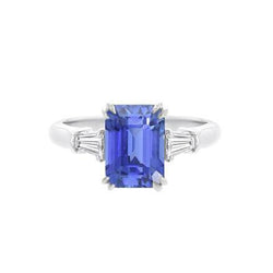 Baguette Aus der Erde Abgebauter Natürlicher Diamant 3 Steine Smaragdschliff Blauer Saphir Ring 2,25 Karat