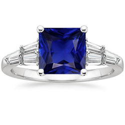 Baguette Aus der Erde Abgebauter Natürlicher Diamantring & Prinzessin Ceylon Saphir Edelstein 5,50 Karat