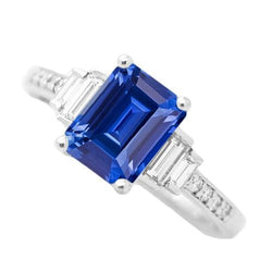 Baguette & Runder Diamantring Smaragdblauer Saphir 3.50 Karat