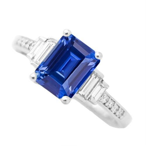 Baguette & Runder Diamantring Smaragdblauer Saphir 3.50 Karat - harrychadent.de
