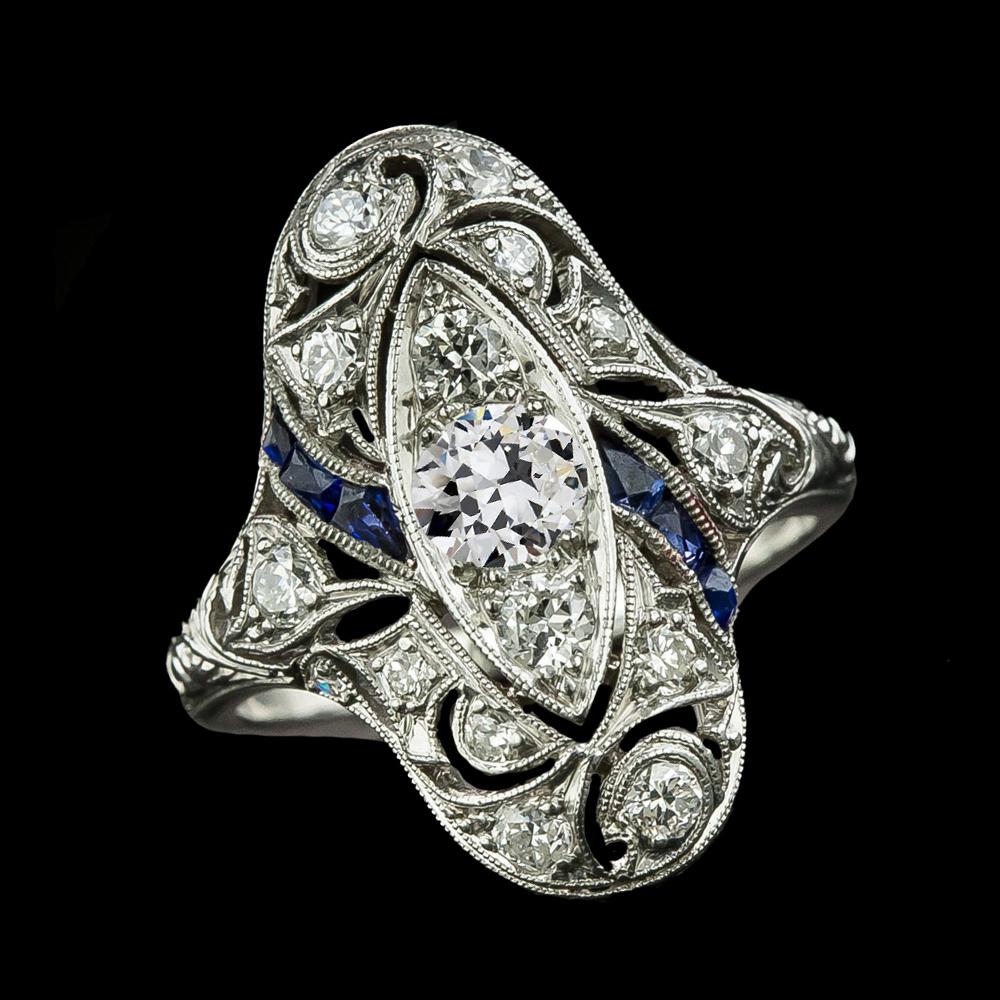 Baguette-Saphir-Ring im antiken Stil mit rundem Diamanten im Altschliff, 3 Karat - harrychadent.de