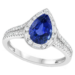 Birne Halo Blue Saphir Ring Doppelschaft & Baguette Aus der Erde Abgebauter Natürlicher Diamanten 5 Karat