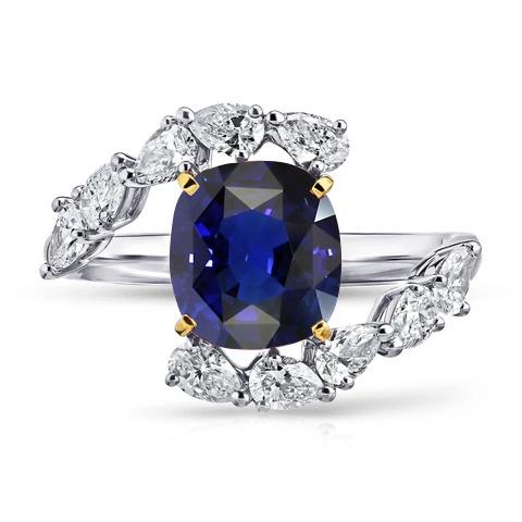 Birnen-Diamant-Kissen tiefblauer Saphirring 3.50 Karat geteilter Schaft - harrychadent.de