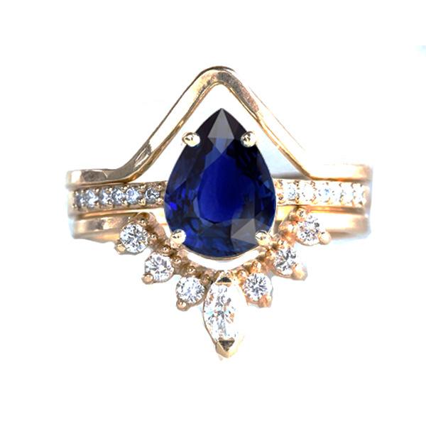 Birnenblauer Saphir-Diamant-Verlobungsring-Set 3 Karat im Kronenstil - harrychadent.de