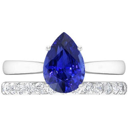 Birnenblauer Saphir Ehering Set Weißgold & Aus der Erde Abgebauter Natürlicher Diamanten 4,50 Karat