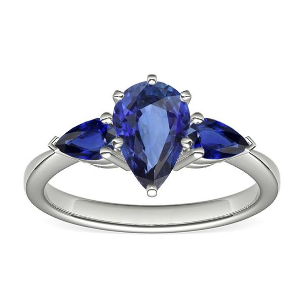 Birnenblauer Saphirring mit drei Steinen 2 Karat Weißgold 14K - harrychadent.de