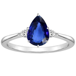 Birnendiamant 3 Stein Blauer Saphir Ring 1,75 Karat Konischer Schaft Gold