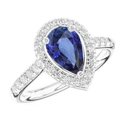 Birnenförmiger Halo-Ring Blauer Saphir & Aus der Erde Abgebauter Natürlicher Diamanten 4 Karat
