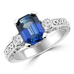 Blauer Ring mit Saphir und Diamant im Smaragdschliff mit 3 Steinen 2,50 Karat Gold