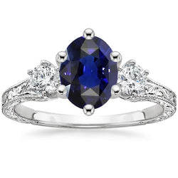 Blauer Saphir 3 Steine Ring & Aus der Erde Abgebauter Natürlicher Diamanten 2,50 Karat Antiker Stil
