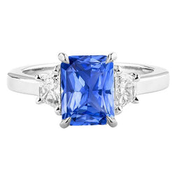 Blauer Saphir 3 Steine Ring Halbmond Diamanten Krappen Set 3,50 Karat