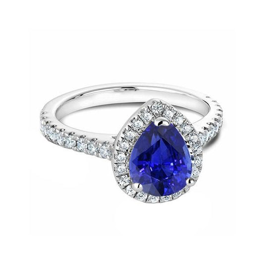 Blauer Saphir & Diamant Halo Birnenschliff Ring 3,50 Karat Weißgold - harrychadent.de